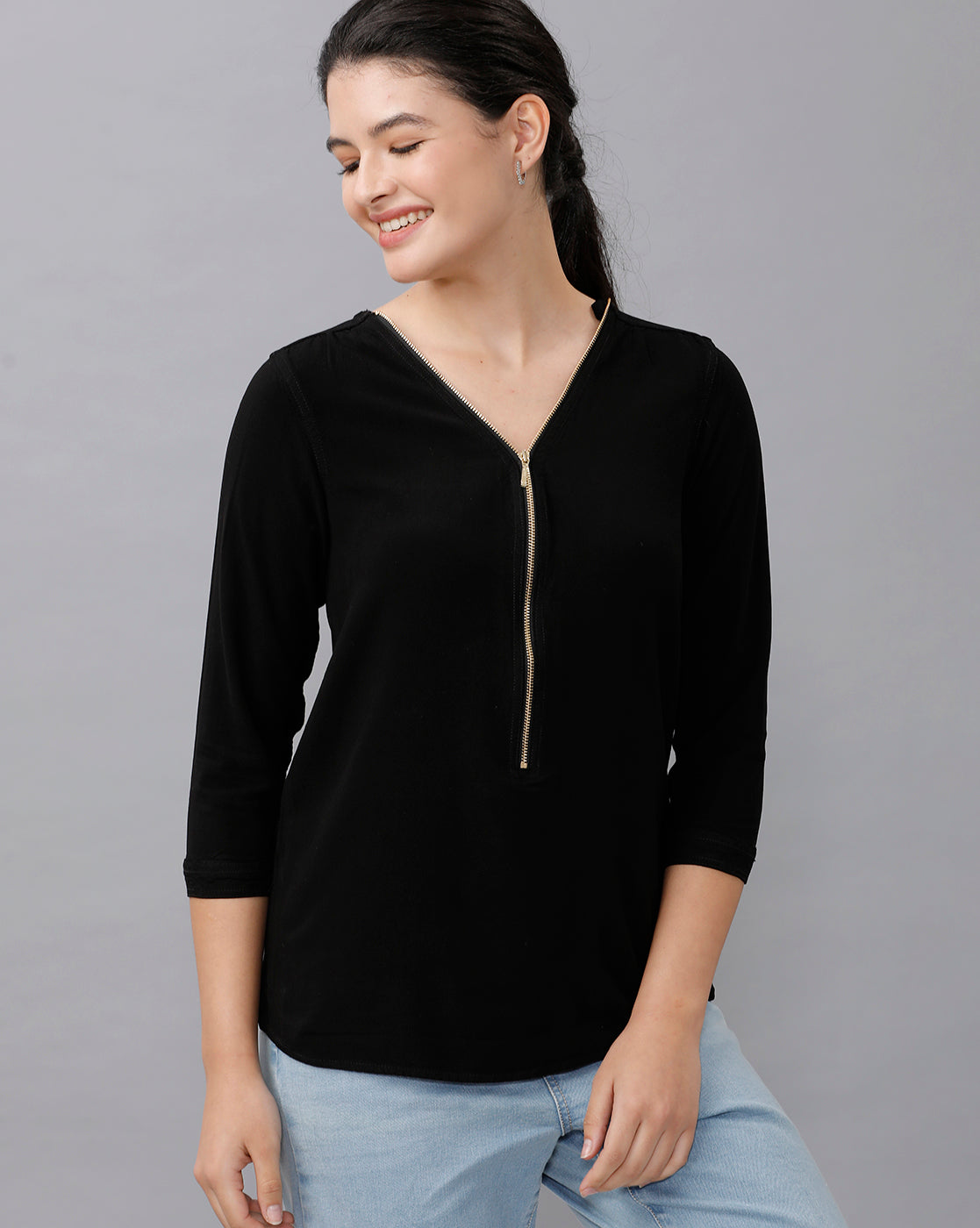 Identiti Women Solid Indo Western top with zipper detailing - Black