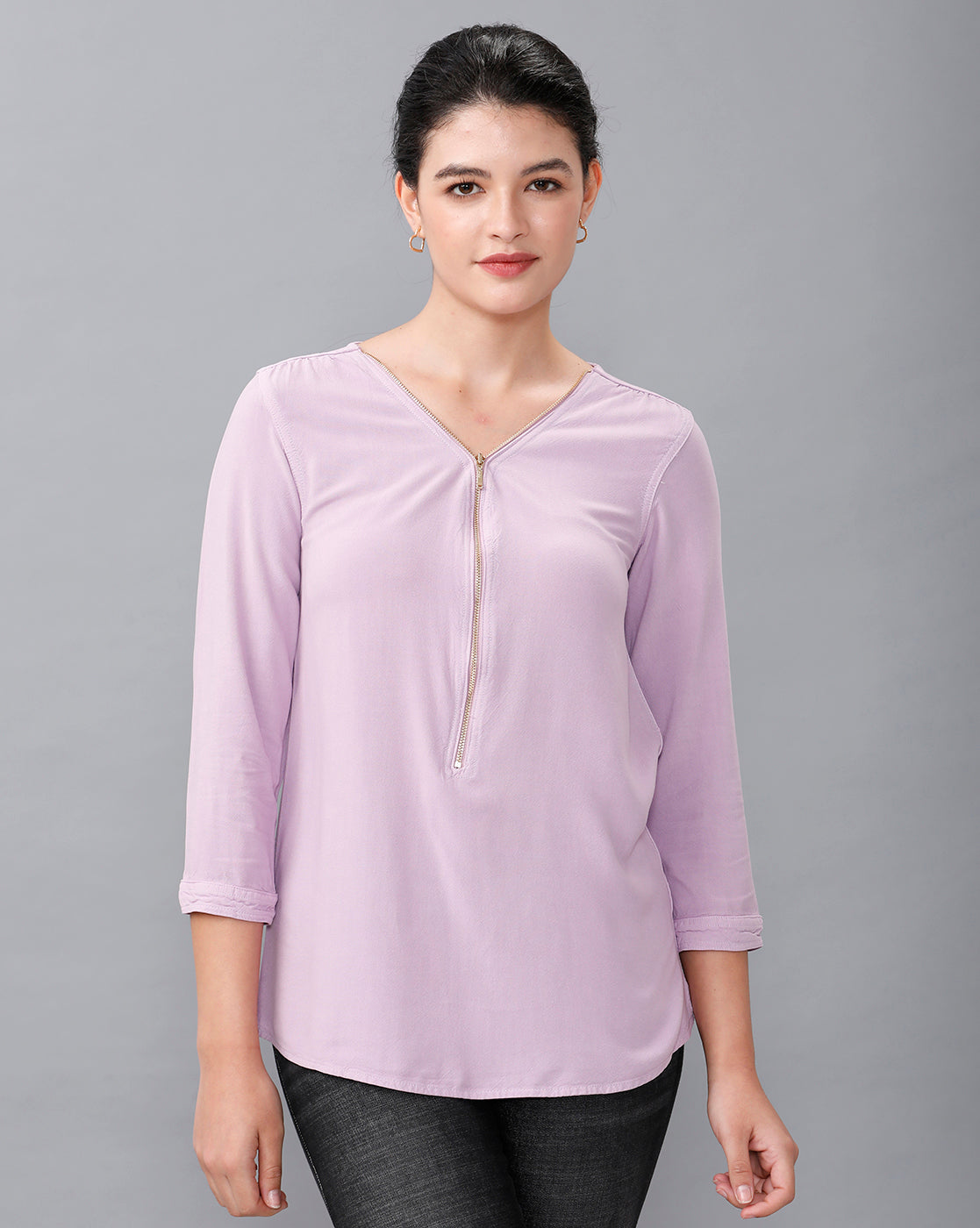 Identiti Women Solid Indo Western top with zipper detailing - Lilac