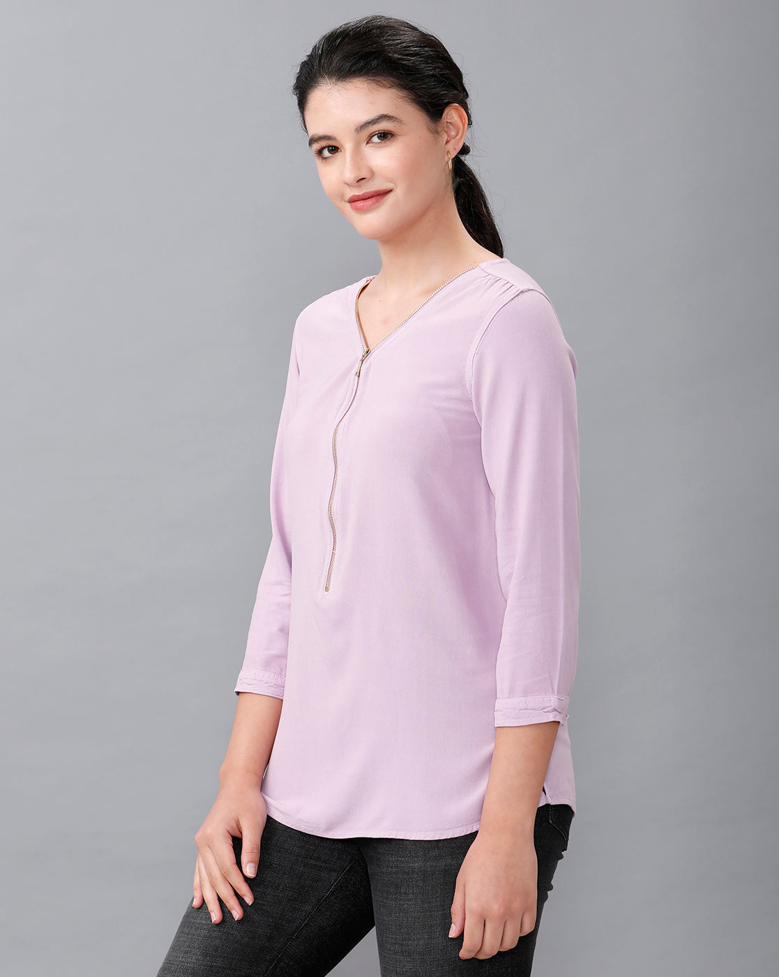 Identiti Women Solid Indo Western top with zipper detailing - Lilac
