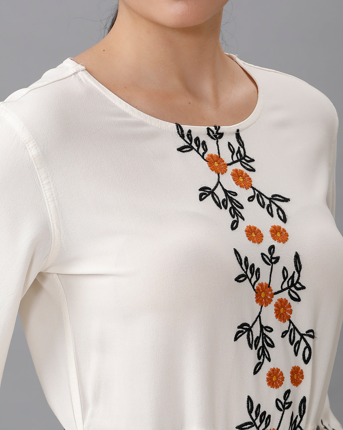 Identiti Women Solid Indo Western Embroidered Dress - Off White.