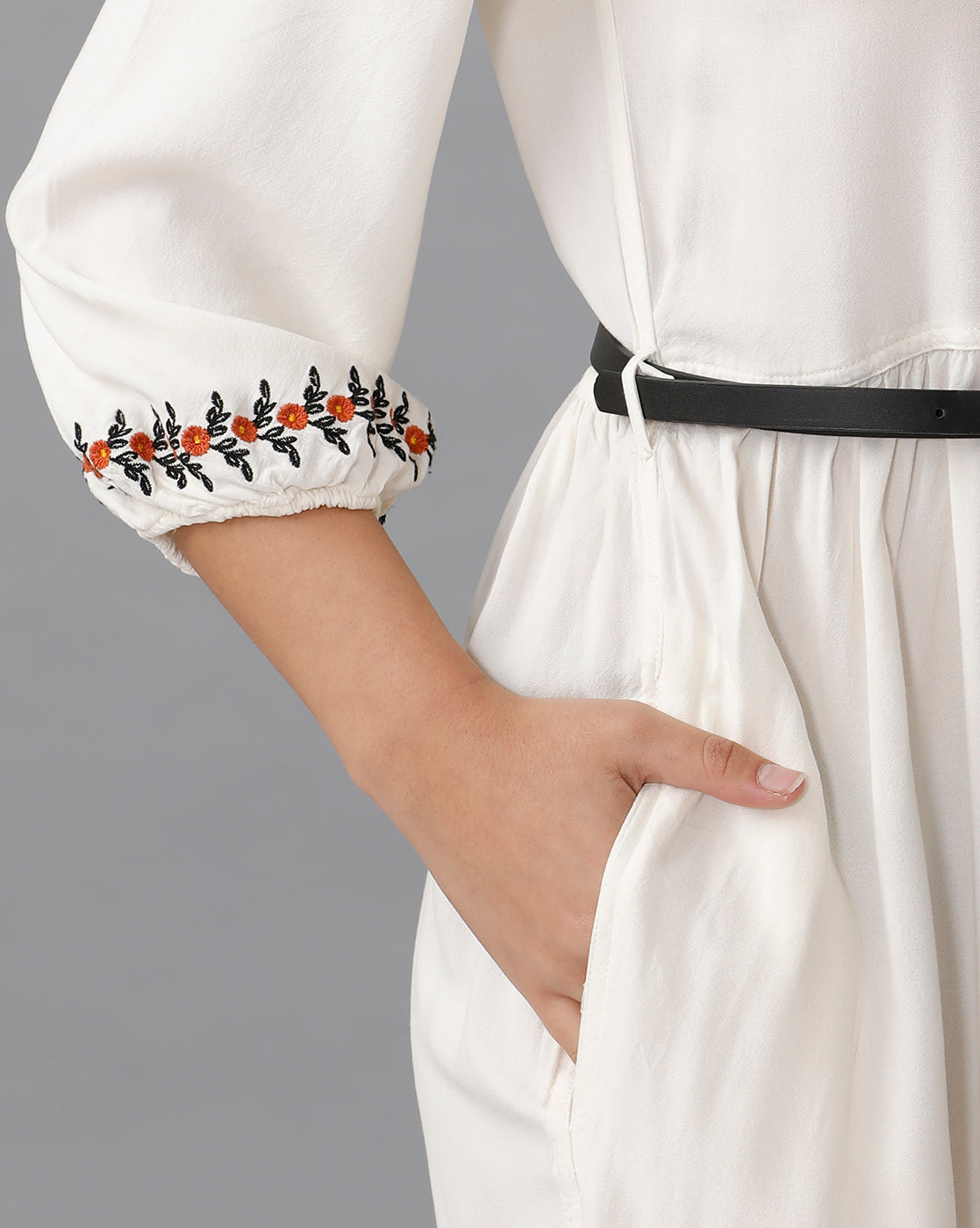 Identiti Women Solid Indo Western Embroidered Dress - Off White.