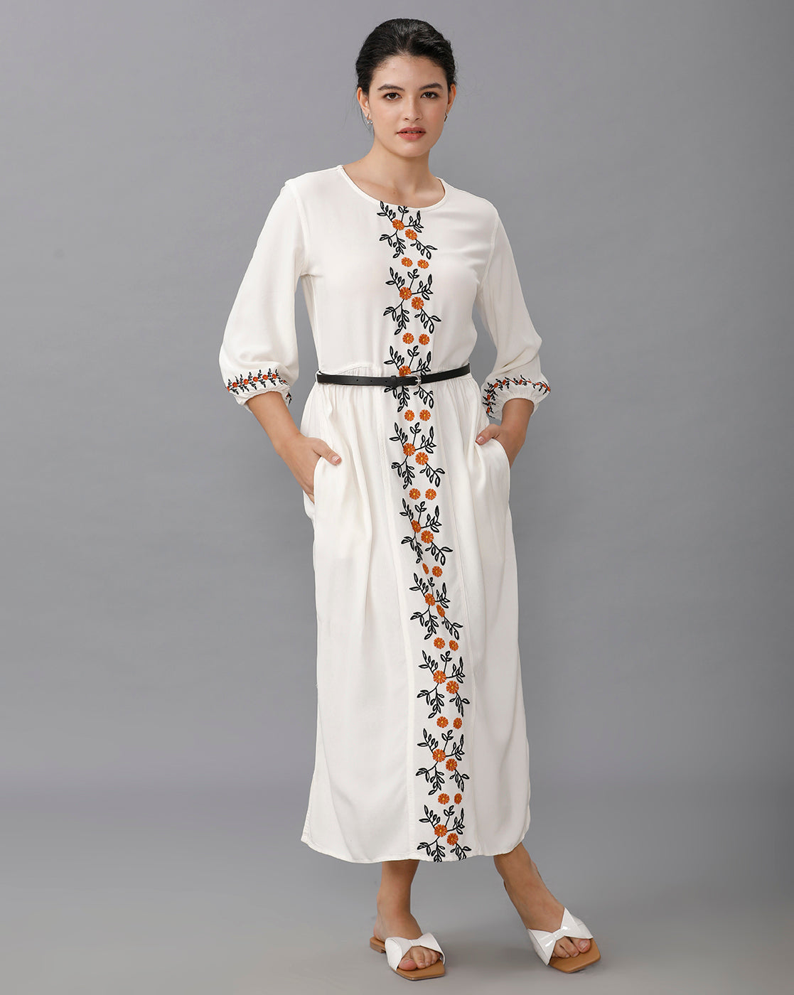 Identiti Women Solid Indo Western Embroidered Dress - Off White.