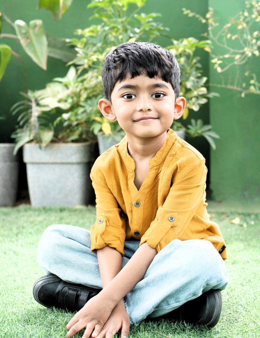 IDENTITI Boys Slim Fit Mandarin Collar Viscose Solid Shirt In Mustard.