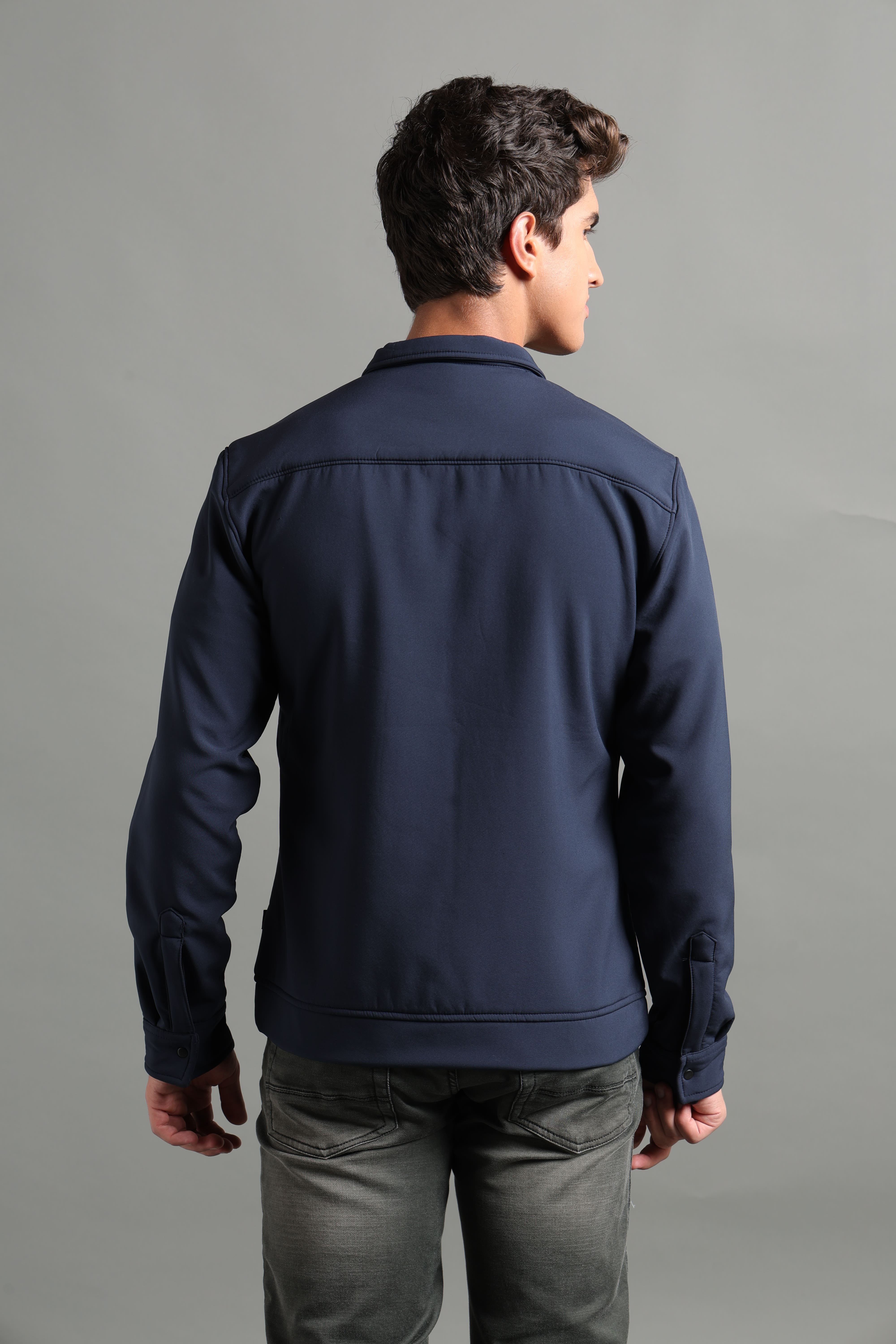 IDENTITI Men Slim Fit Regular Collar Solid Jacket In Navy.