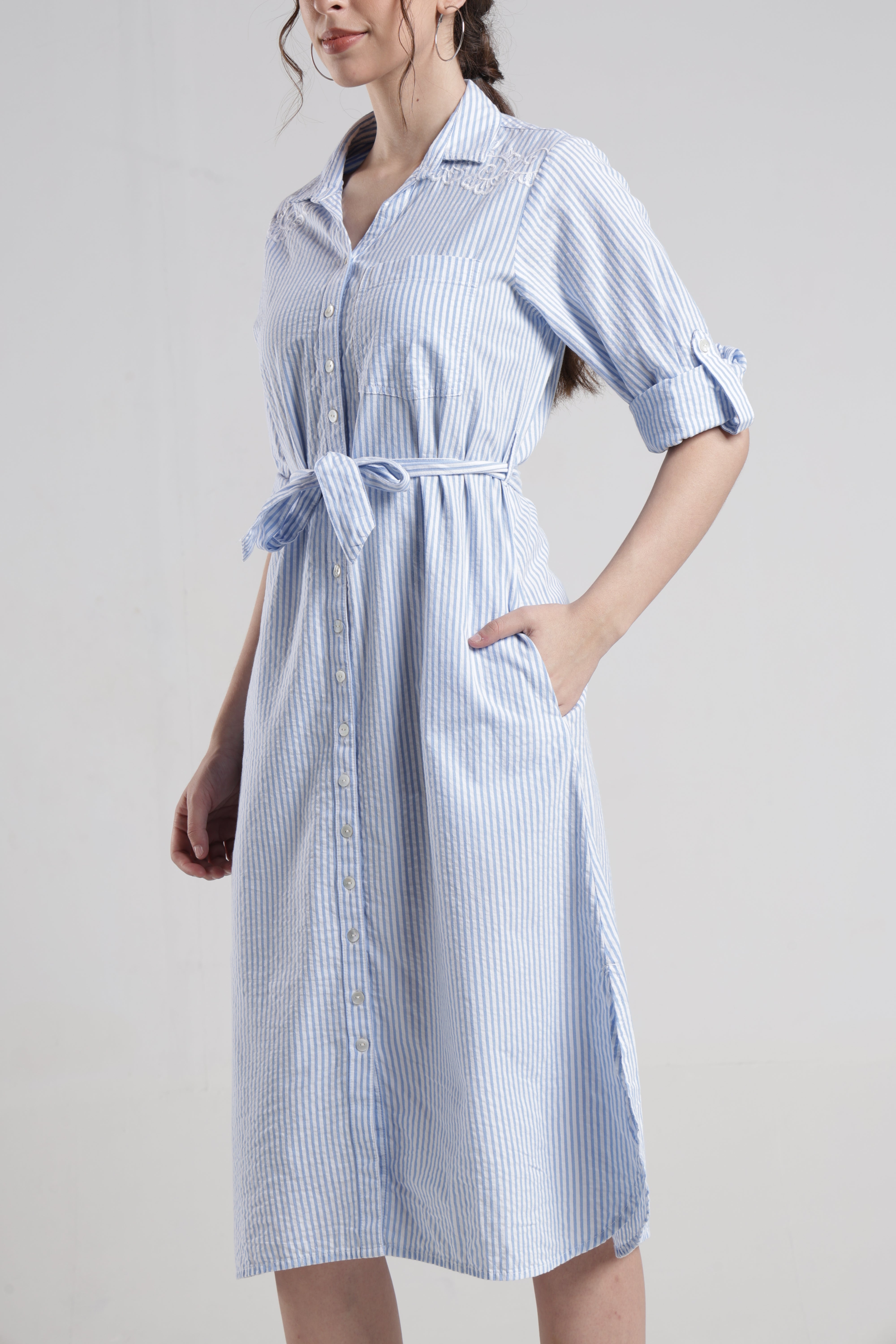 Identiti Women Casual Striped Embroidered Dress - Blue