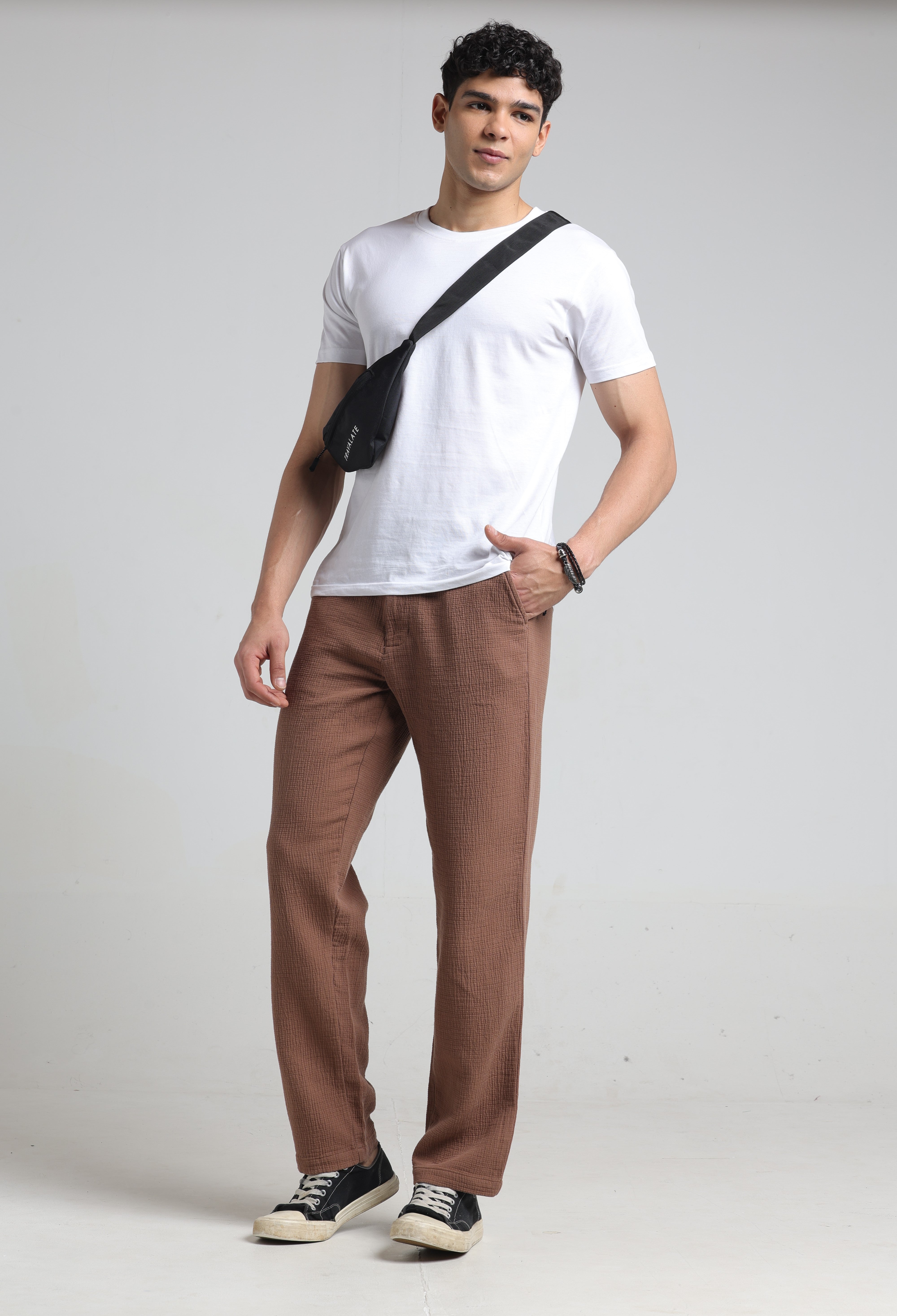 IDENTITI Men Relaxed Fit Non Denim Solid Trouser In Brown.