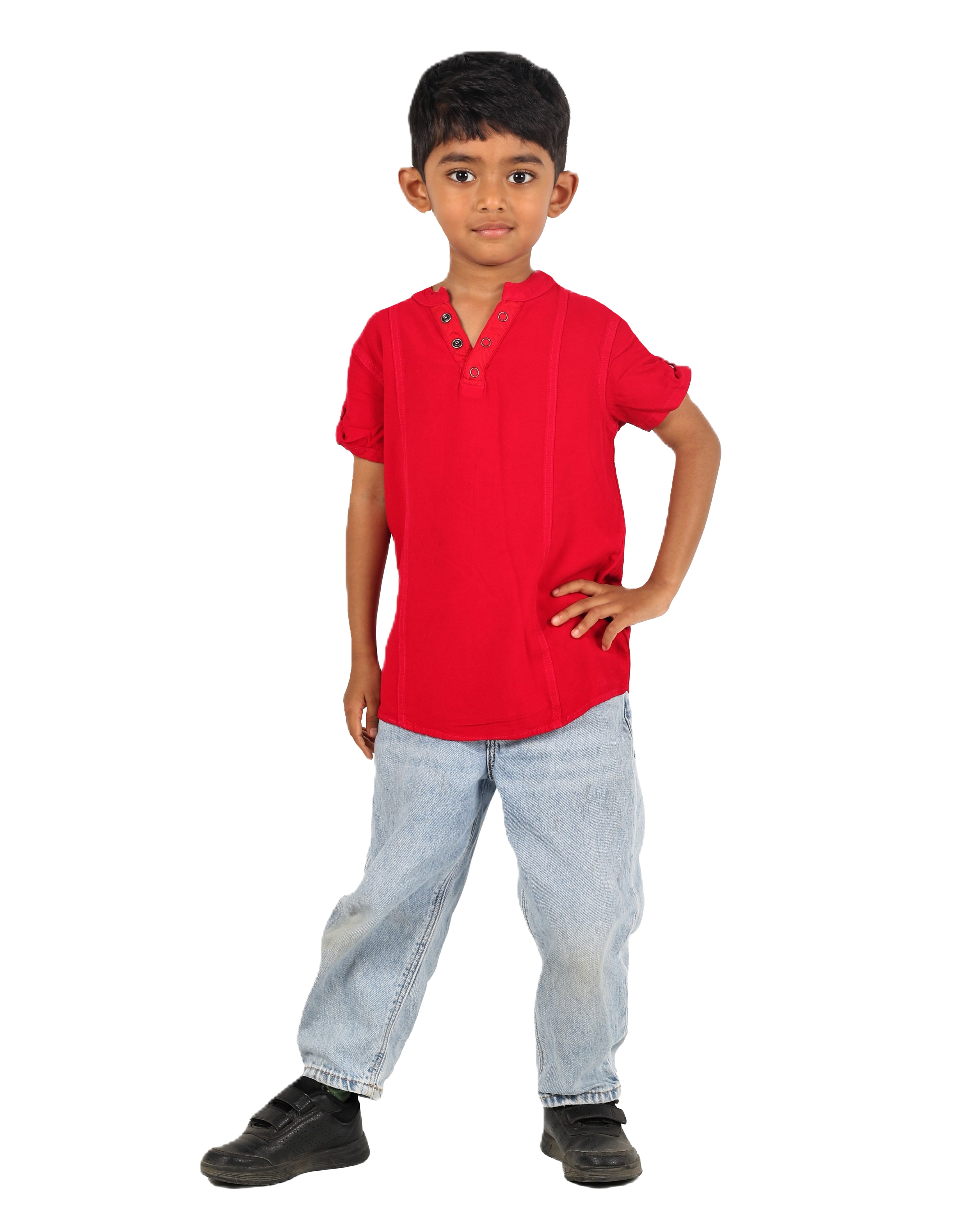 IDENTITI Boys Slim Fit Mandarin Collar Solid Shirt In Red.