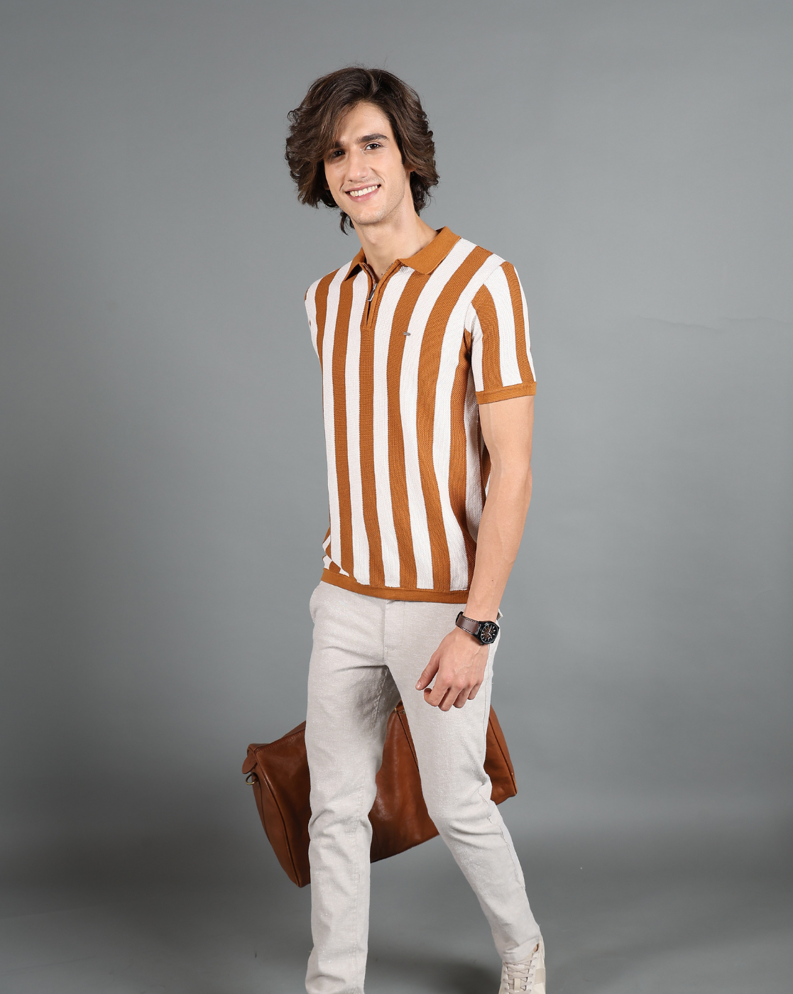 IDENTITI Brown Half Sleeve Striped Slim Fit Cotton Casual Polo T-Shirt For Men.