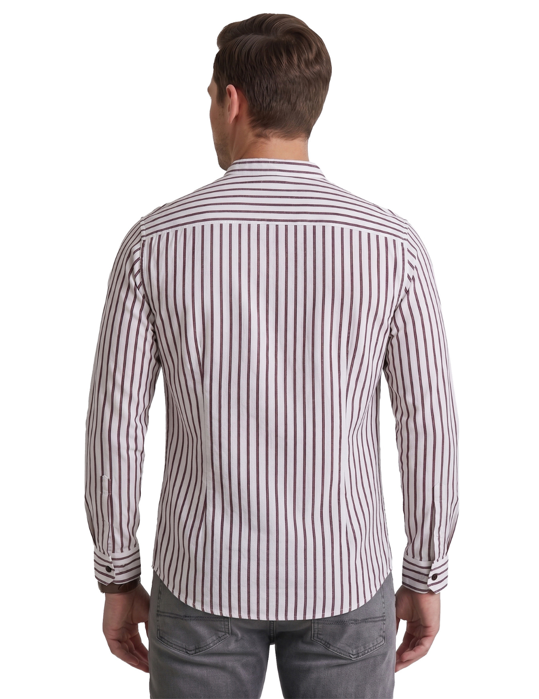 IDENTITI Men Slim Fit Mandarin Collar Striped Shirt In Maroon.
