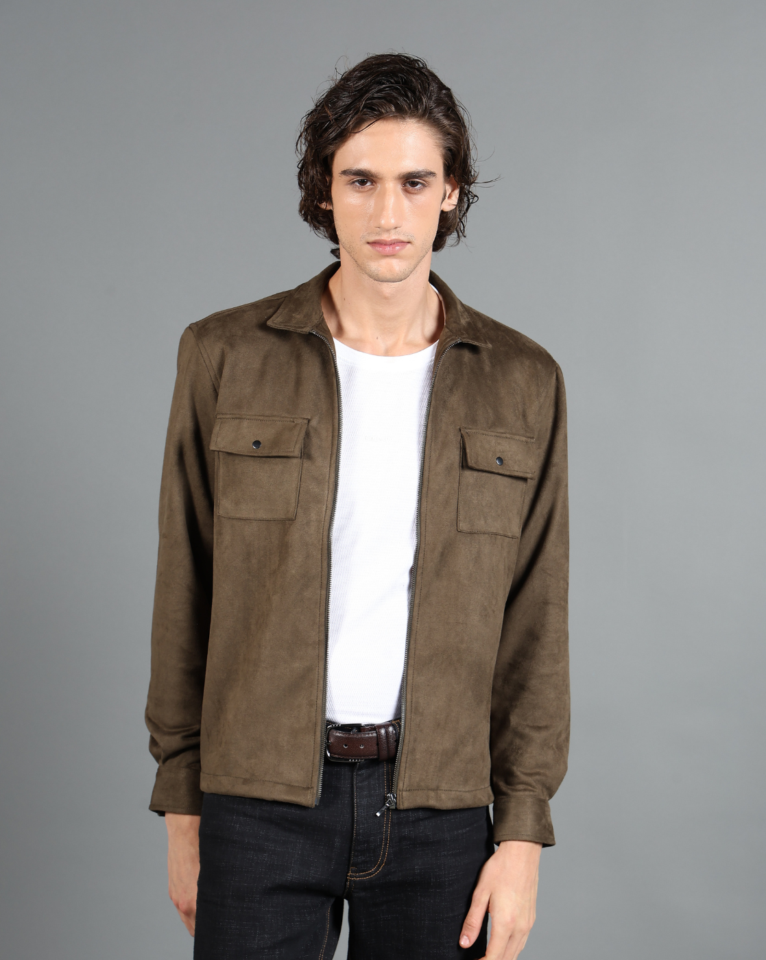 IDENTITI Men Slim Fit Regular Collar Solid Suede Jacket In Olive Green.