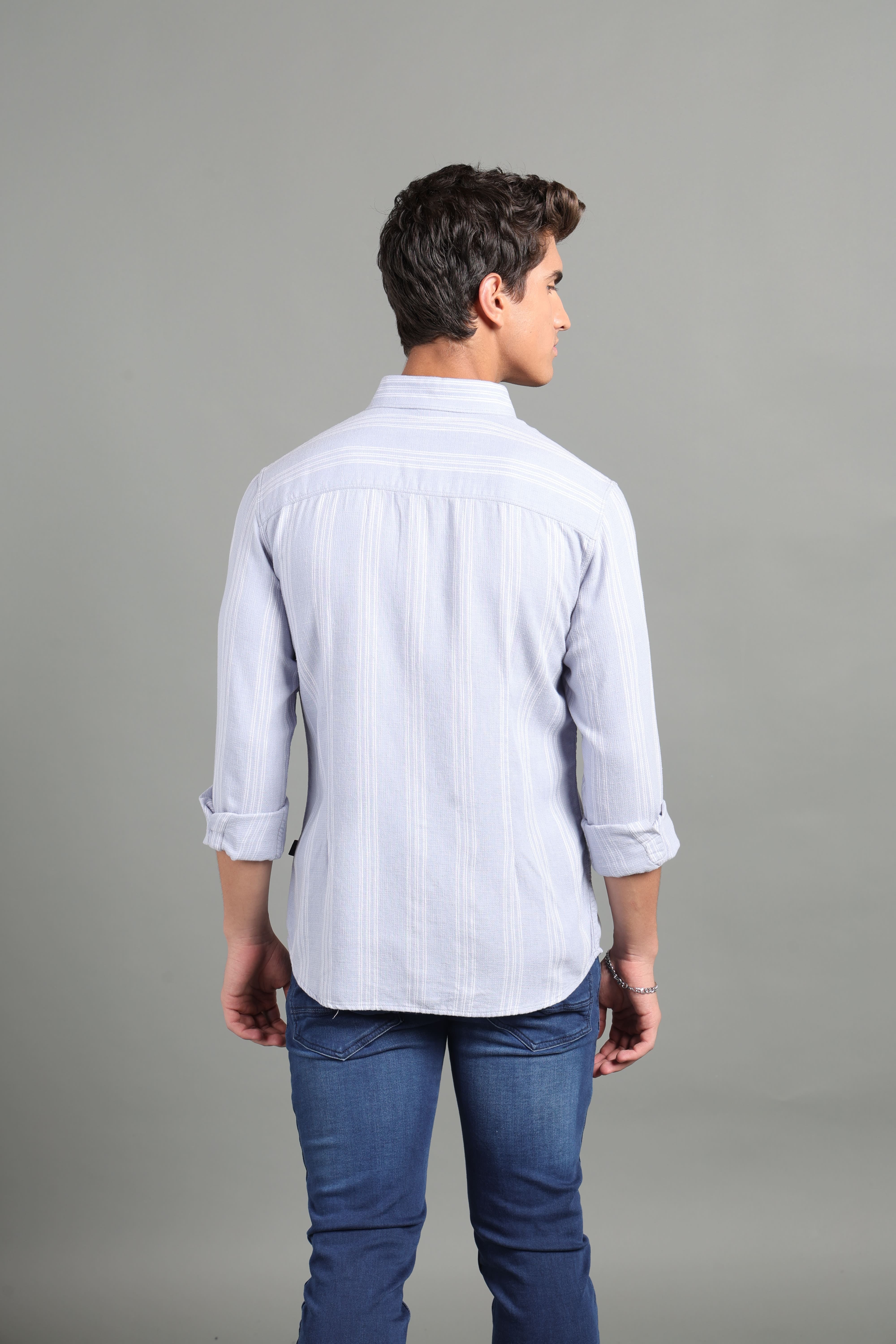 IDENTITI Men Slim Fit Regular Collar Striped Shirt In Grey.