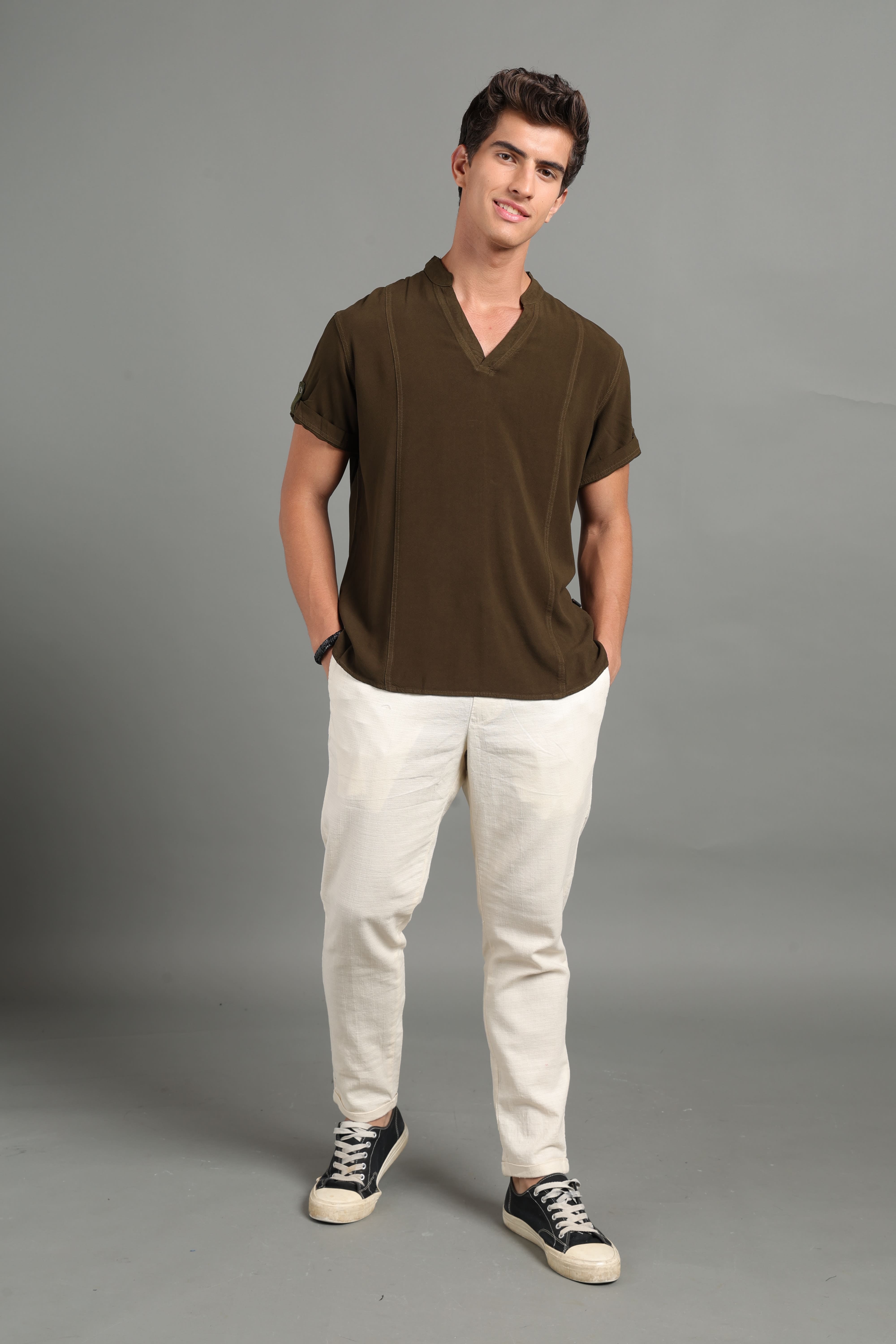 IDENTITI Men Slim Fit Mandarin Collar Solid Shirt In Olive.