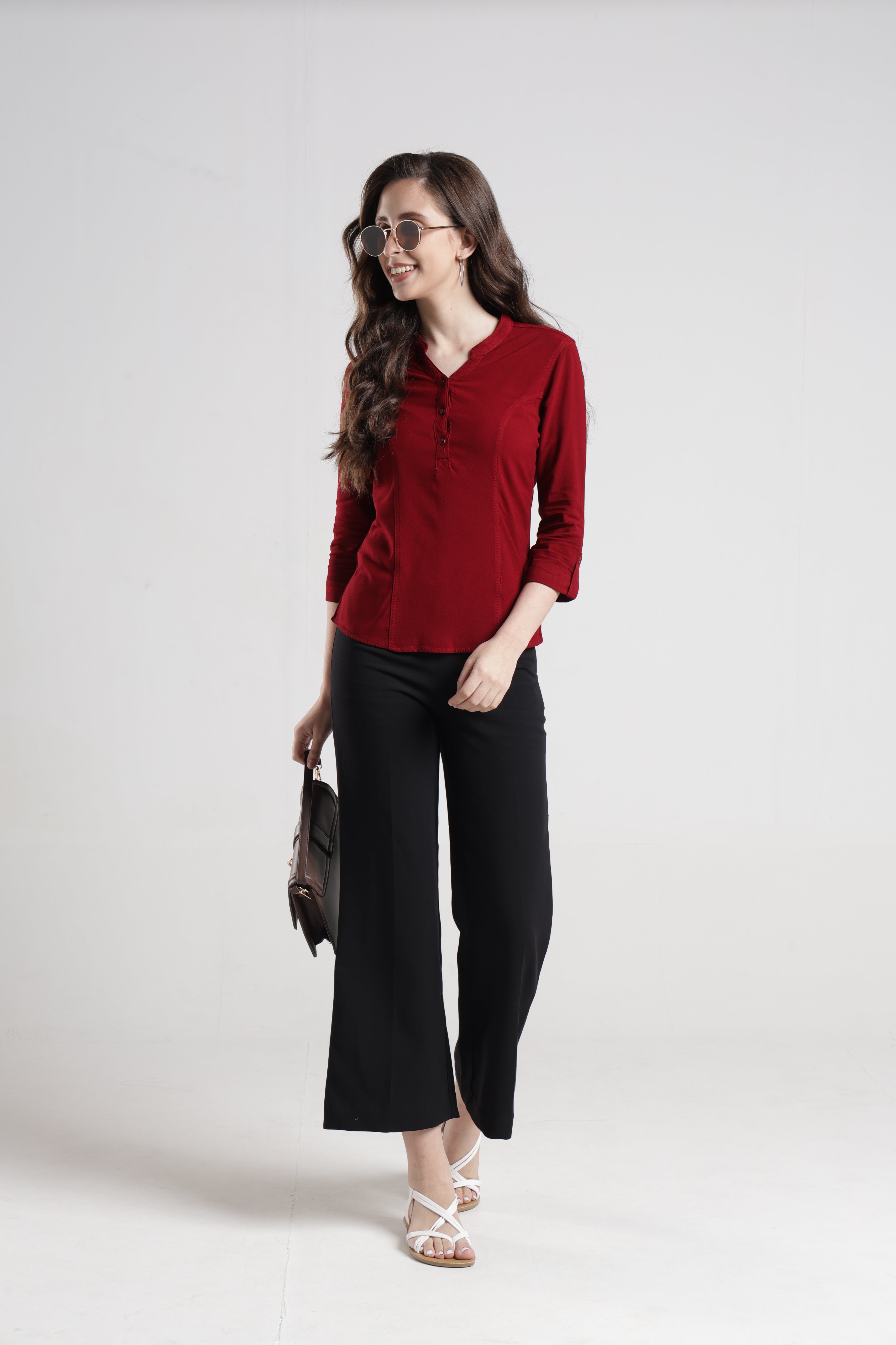 Identiti Women Indo Western Solid Shirt - Maroon