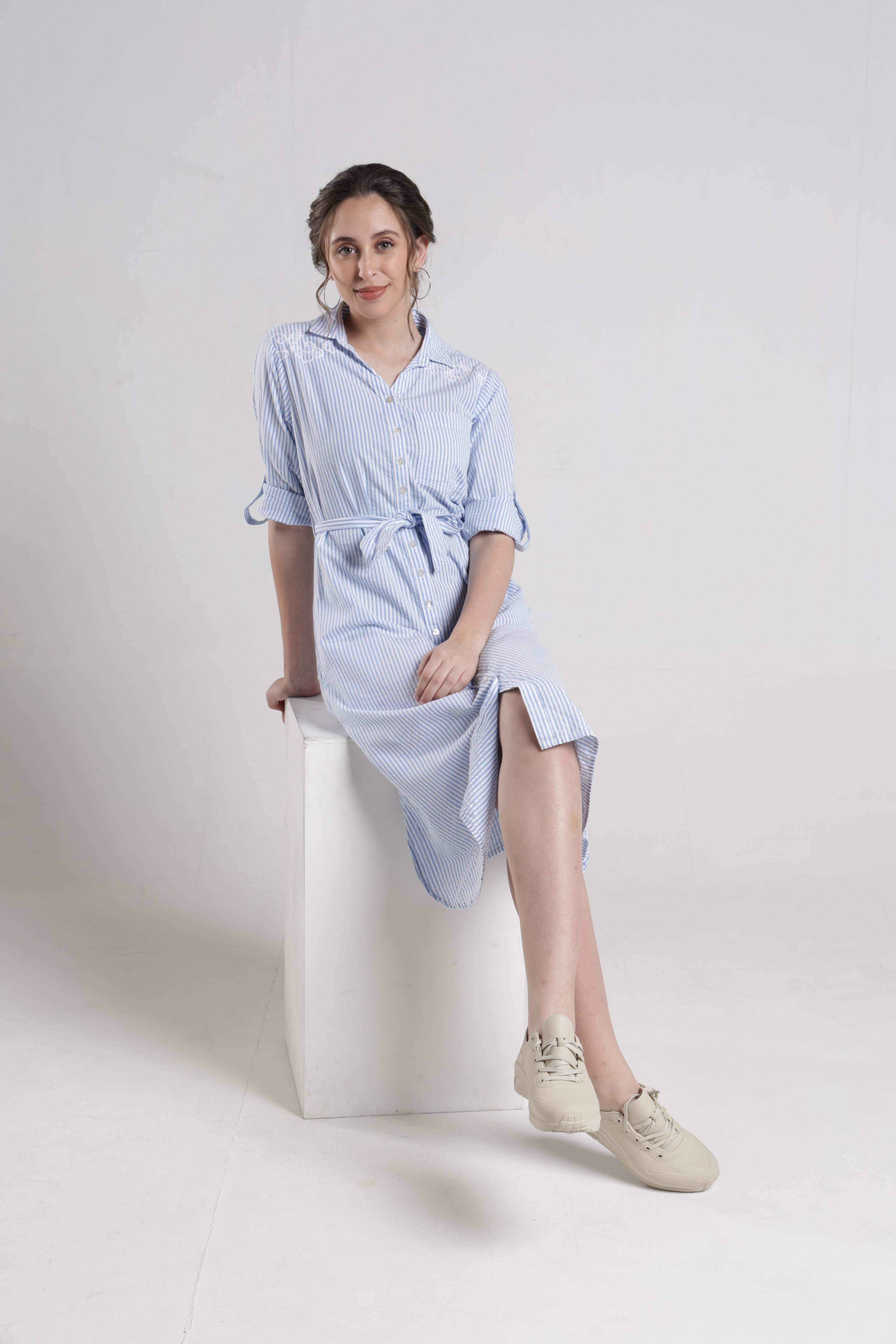 Identiti Women Casual Striped Embroidered Dress - Blue