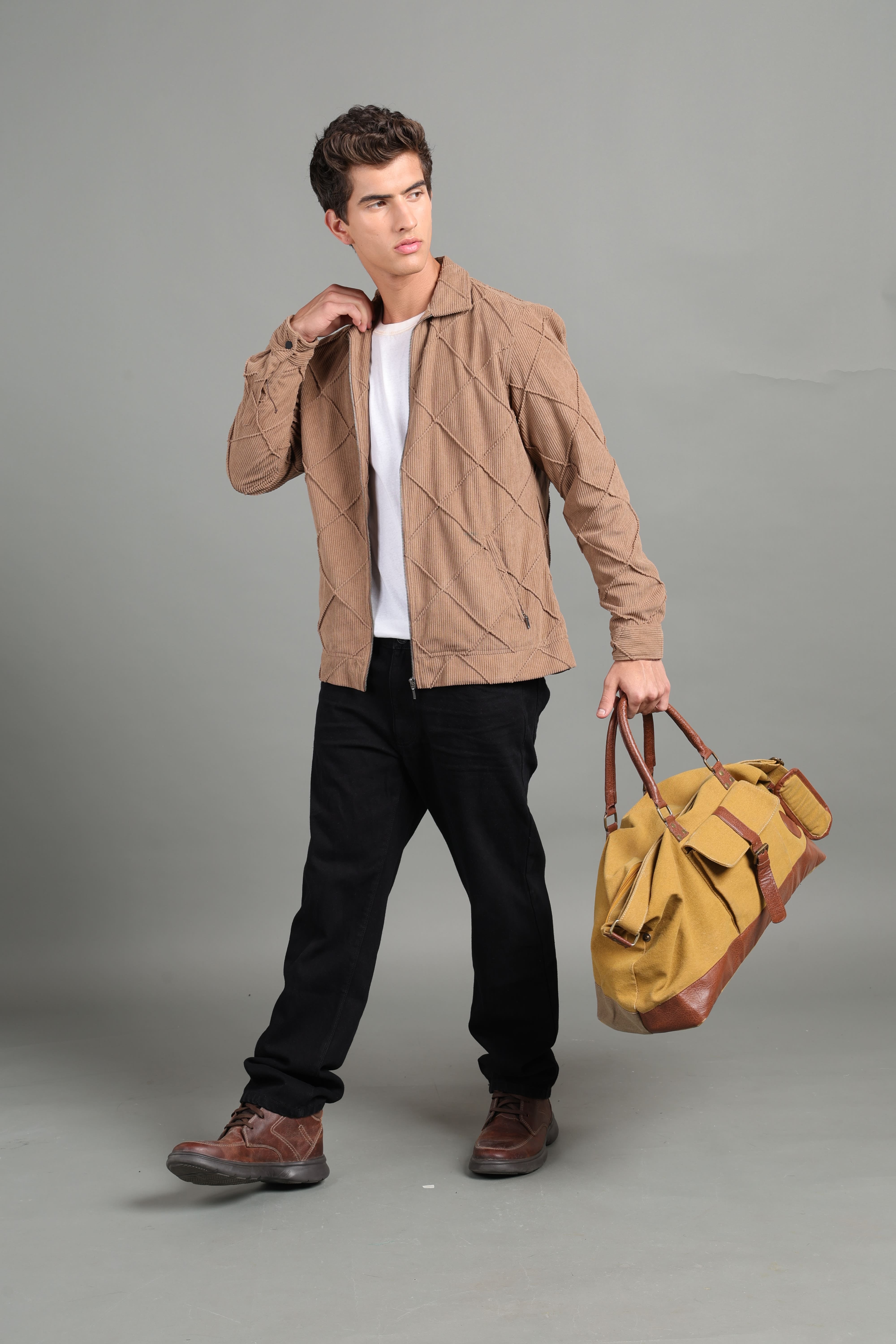 IDENTITI Men Slim Fit Regular Collar Solid Jacket In Khaki.