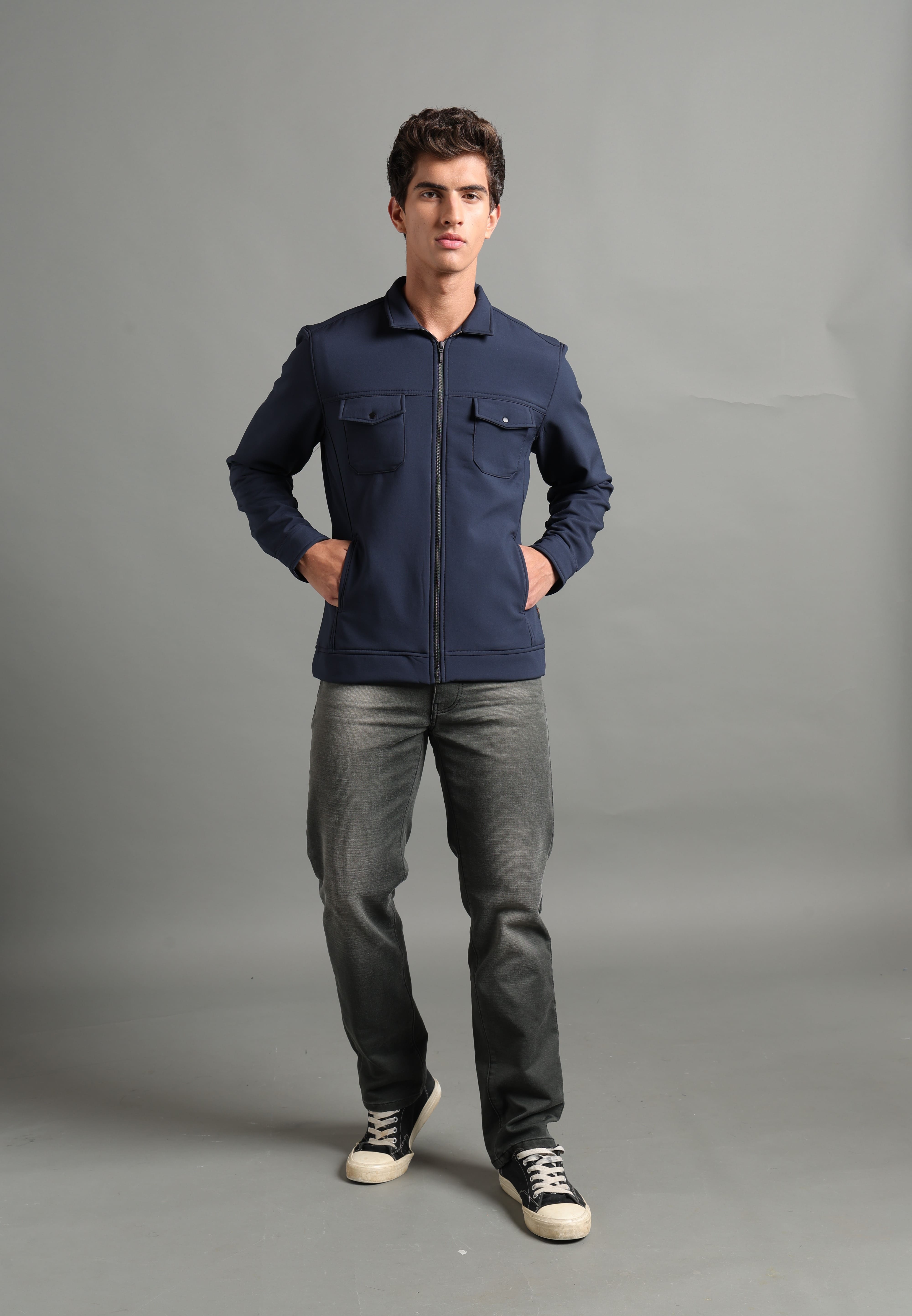 IDENTITI Men Slim Fit Regular Collar Solid Jacket In Navy.