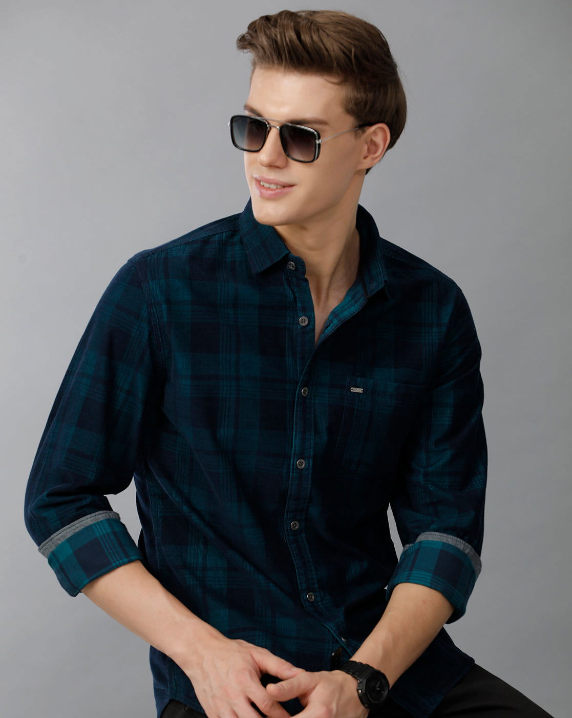 IDENTITI Men Corduroy Checks Shirt In Green