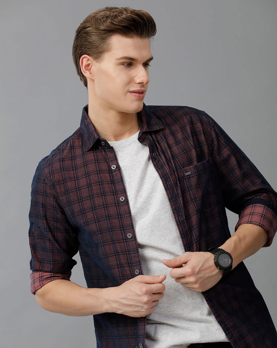 IDENTITI Men Corduroy Checks Shirt In Wine