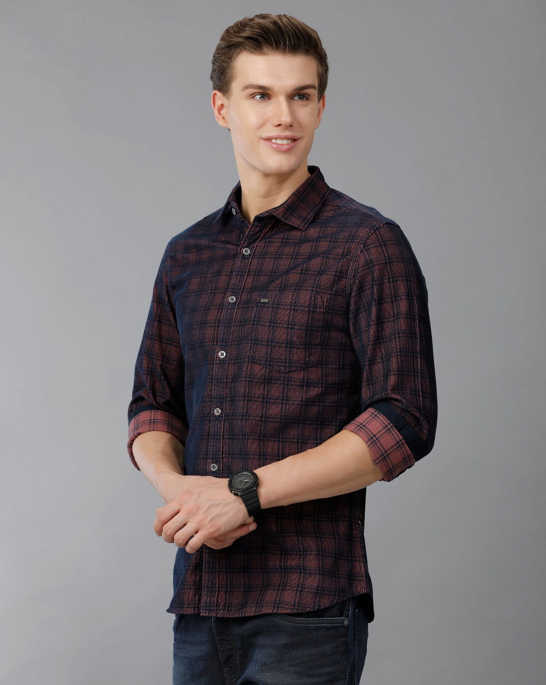 IDENTITI Men Corduroy Checks Shirt In Wine