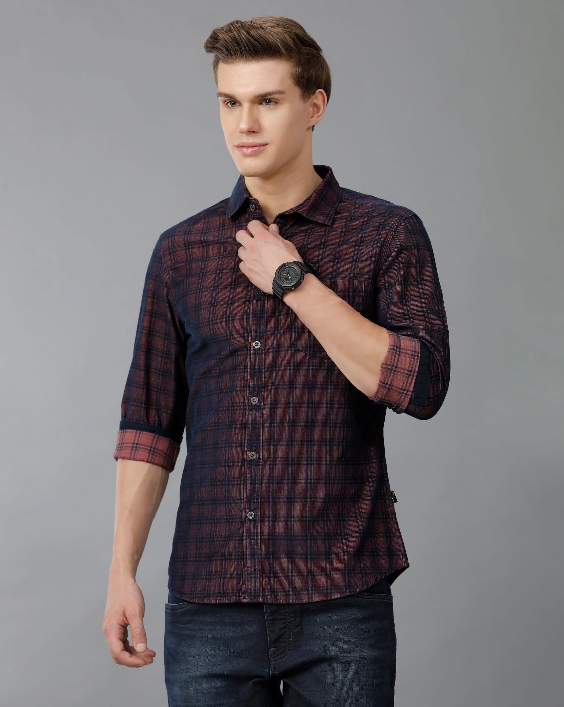 IDENTITI Men Corduroy Checks Shirt In Wine
