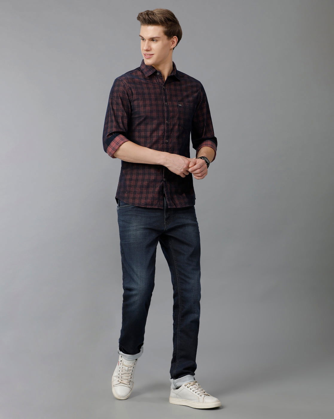 IDENTITI Men Corduroy Checks Shirt In Wine