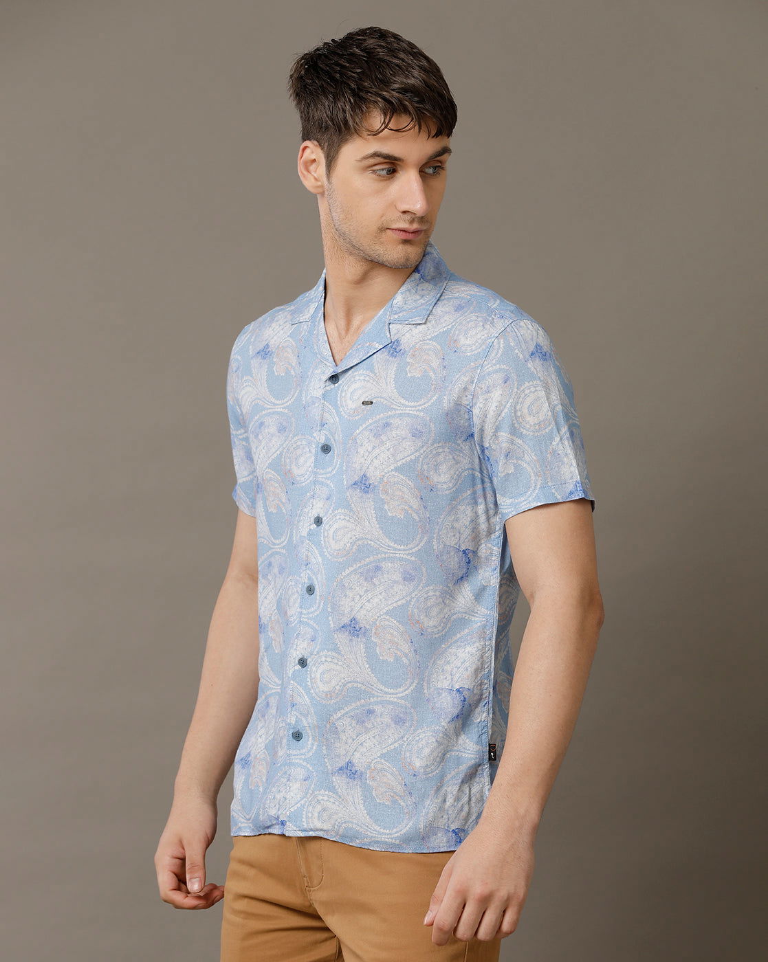 IDENTITI Men Slim Fit Cuban Collar Printed Shirt In Blue.