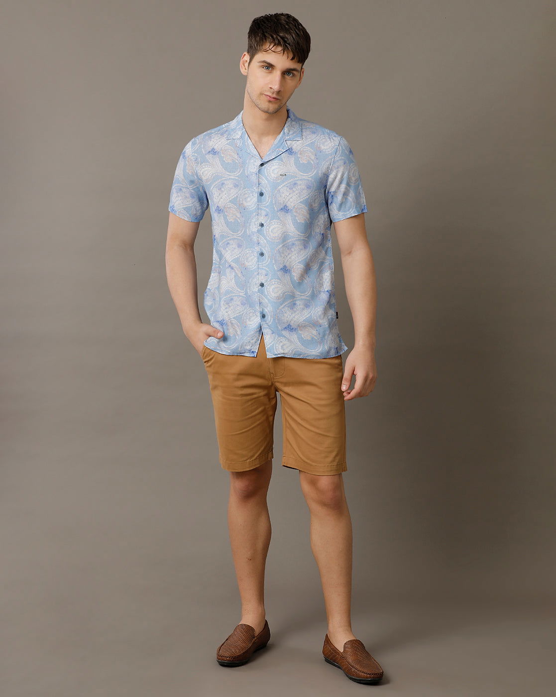 IDENTITI Men Slim Fit Cuban Collar Printed Shirt In Blue.