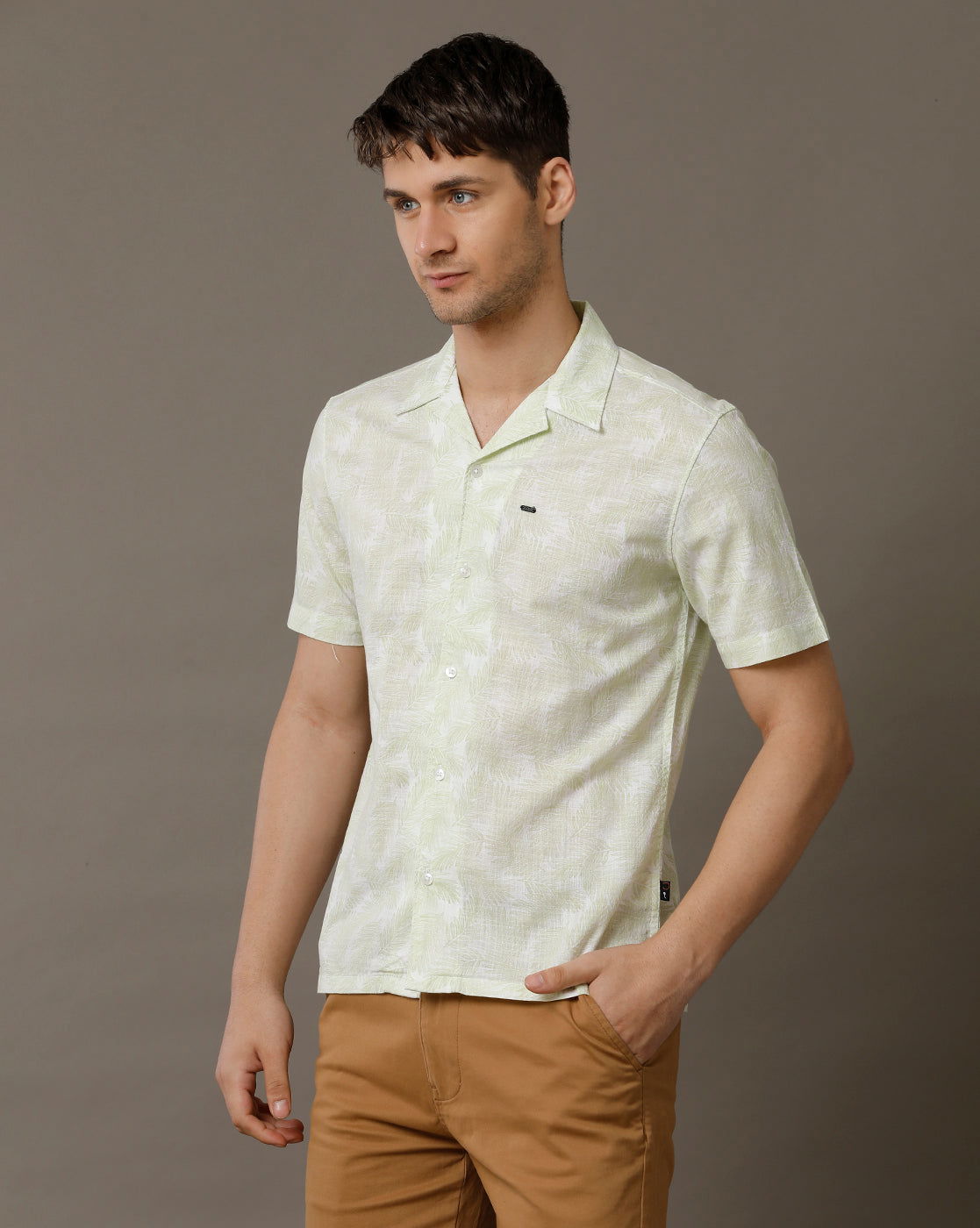 IDENTITI Men Slim Fit Cuban Collar Printed Shirt In Green.