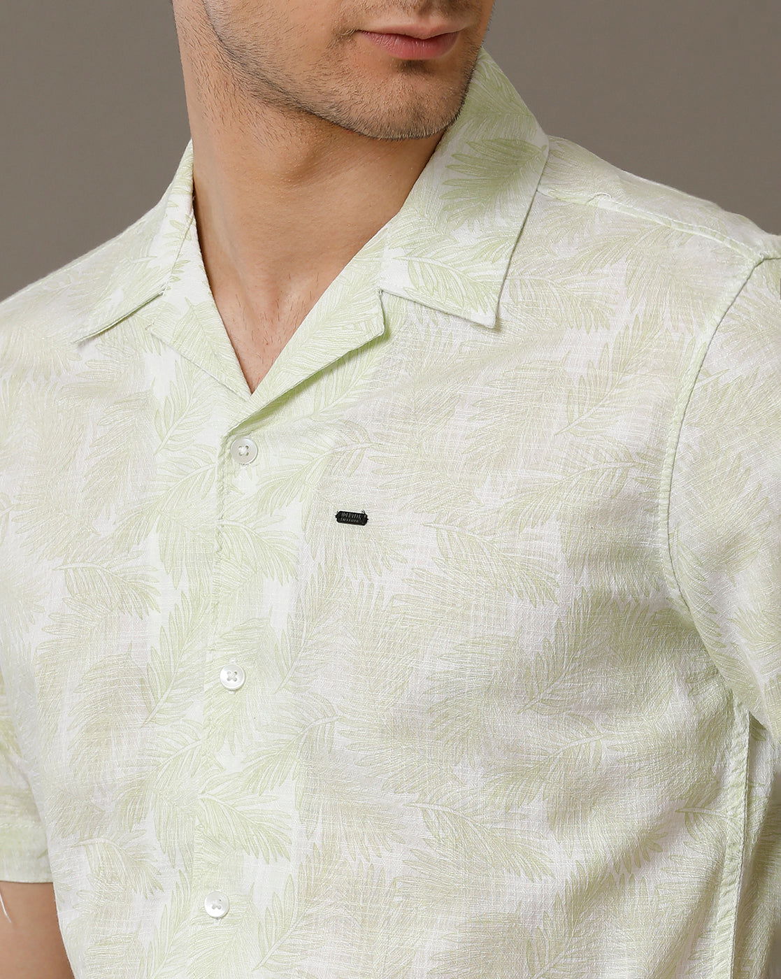 IDENTITI Men Slim Fit Cuban Collar Printed Shirt In Green.