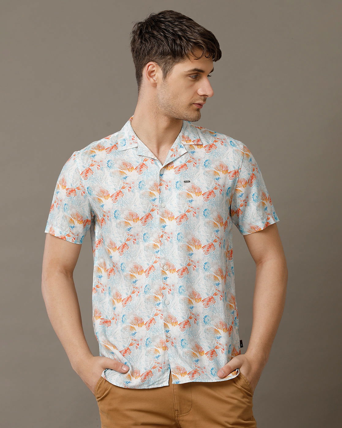 IDENTITI Men Slim Fit Cuban Collar Printed Shirt In Orange.