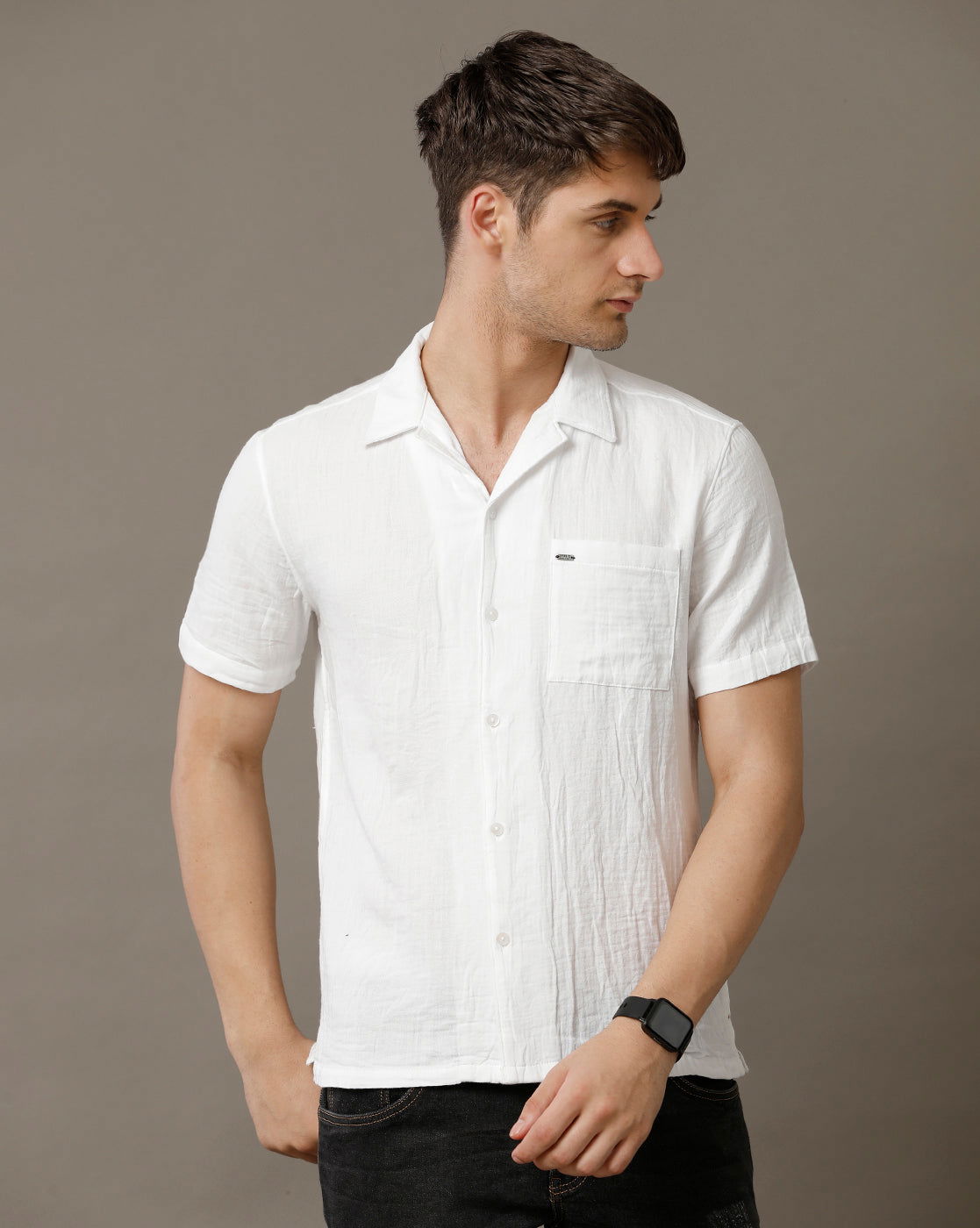 IDENTITI Men Slim Fit Cuban Collar Solid Shirt In White.