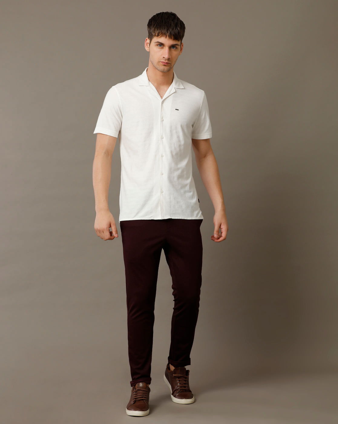 IDENTITI Men Slim Fit Cuban Collar Solid Shirt In White.