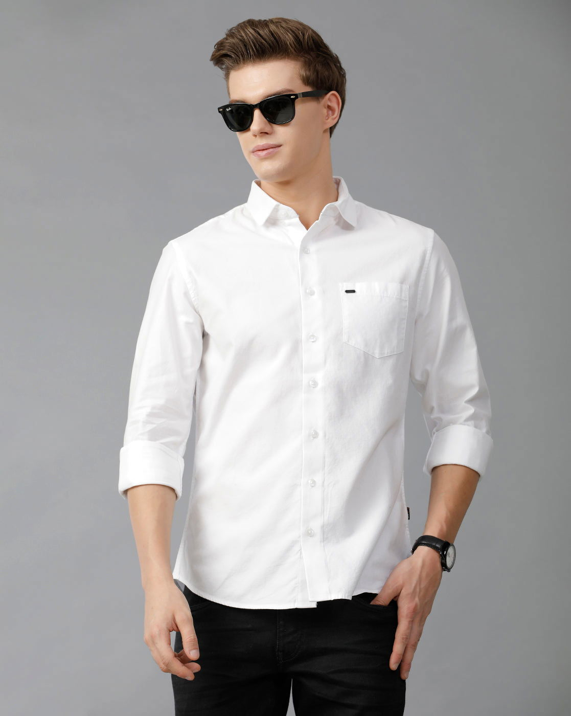 IDENTITI Men Slim Fit Cut Away Collar Solid Shirt In White