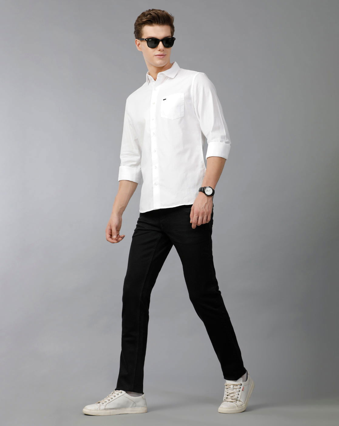 IDENTITI Men Slim Fit Cut Away Collar Solid Shirt In White
