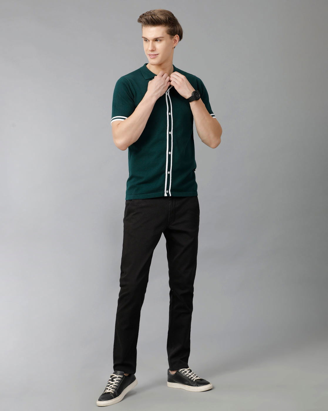 IDENTITI Men Slim Fit Flat Knit Shirt In Green