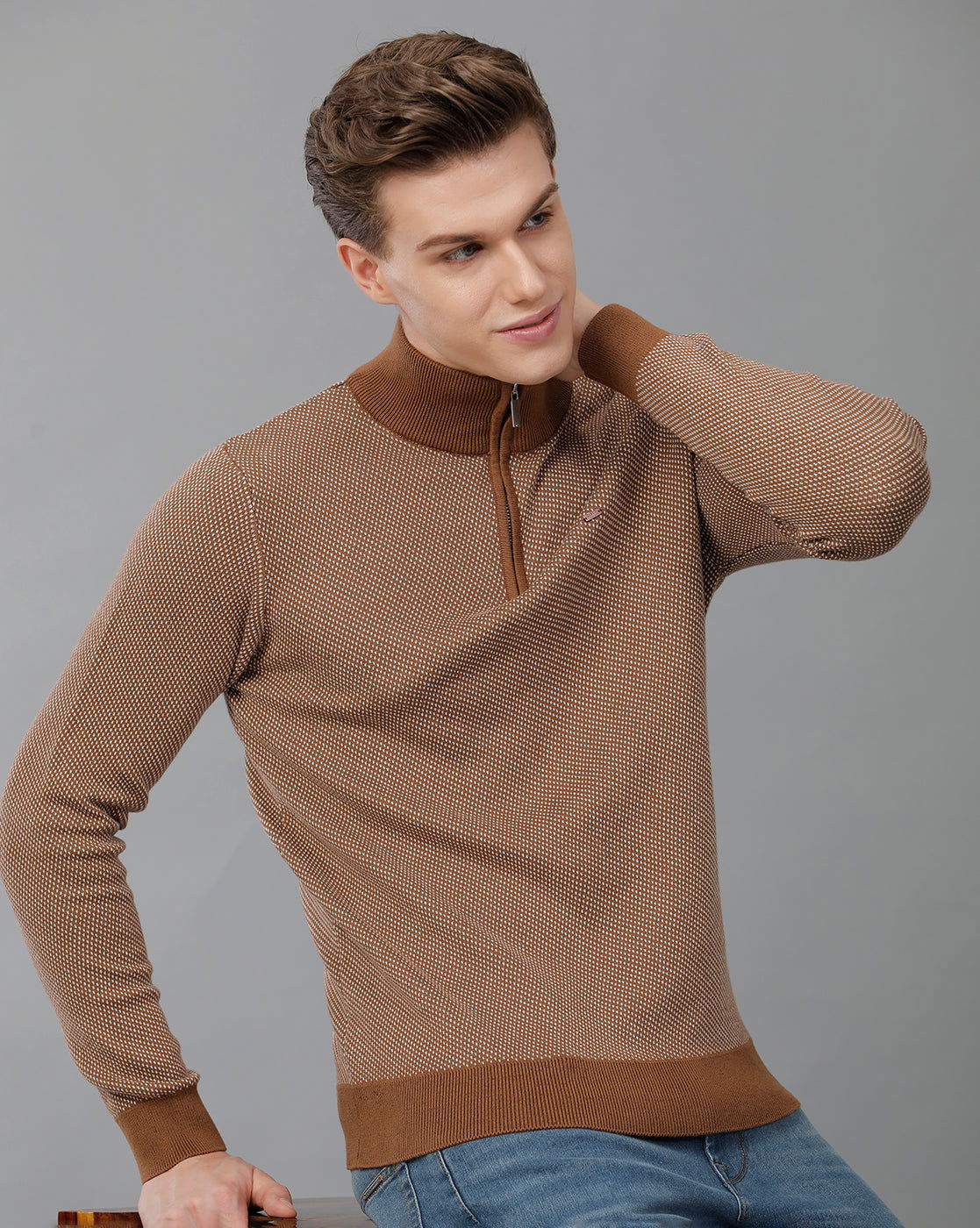 IDENTITI Men Slim Fit High Neck Jacquard Pullover In Brown