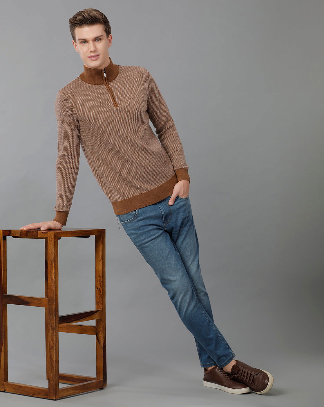 IDENTITI Men Slim Fit High Neck Jacquard Pullover In Brown