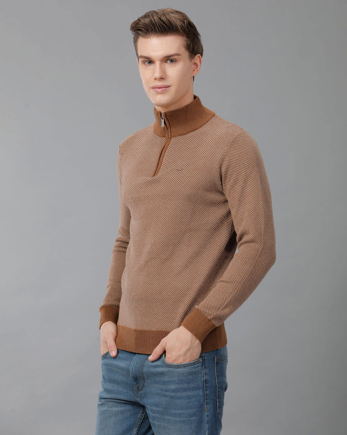 IDENTITI Men Slim Fit High Neck Jacquard Pullover In Brown