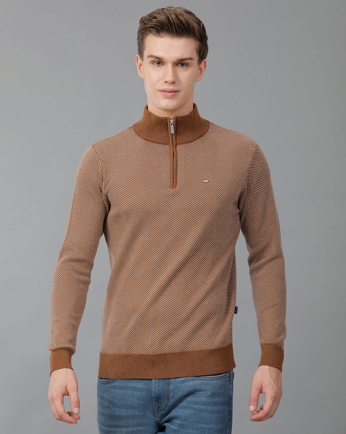 IDENTITI Men Slim Fit High Neck Jacquard Pullover In Brown