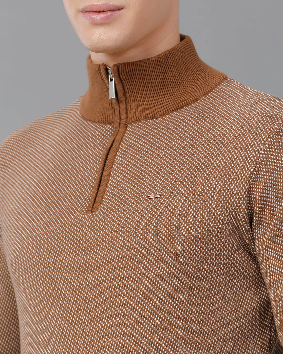IDENTITI Men Slim Fit High Neck Jacquard Pullover In Brown