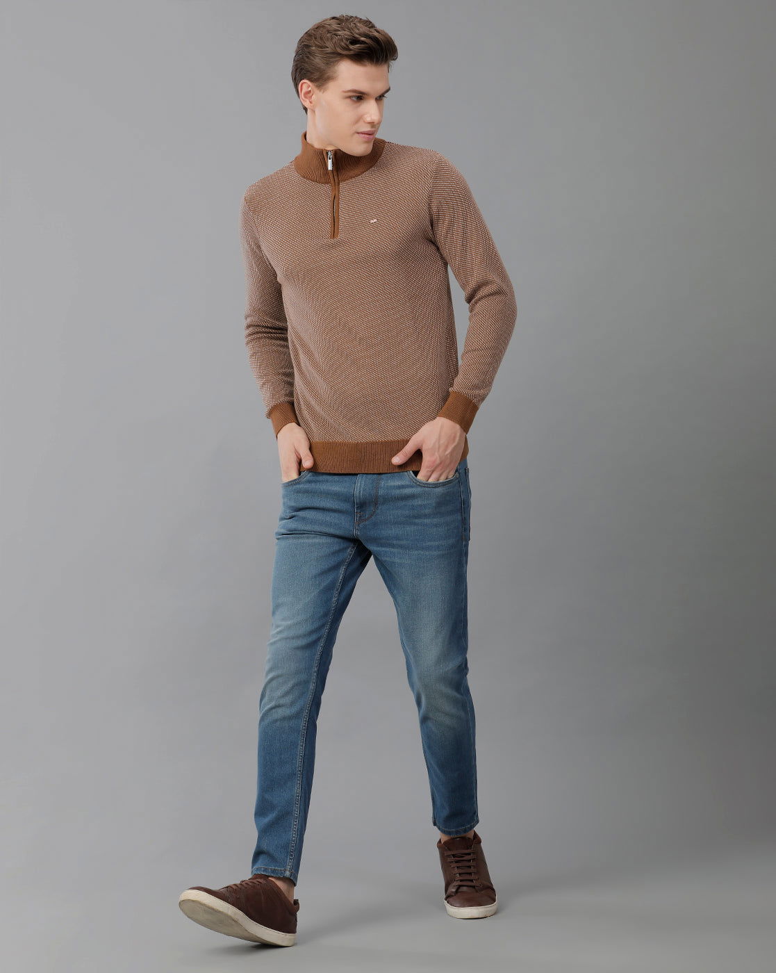 IDENTITI Men Slim Fit High Neck Jacquard Pullover In Brown
