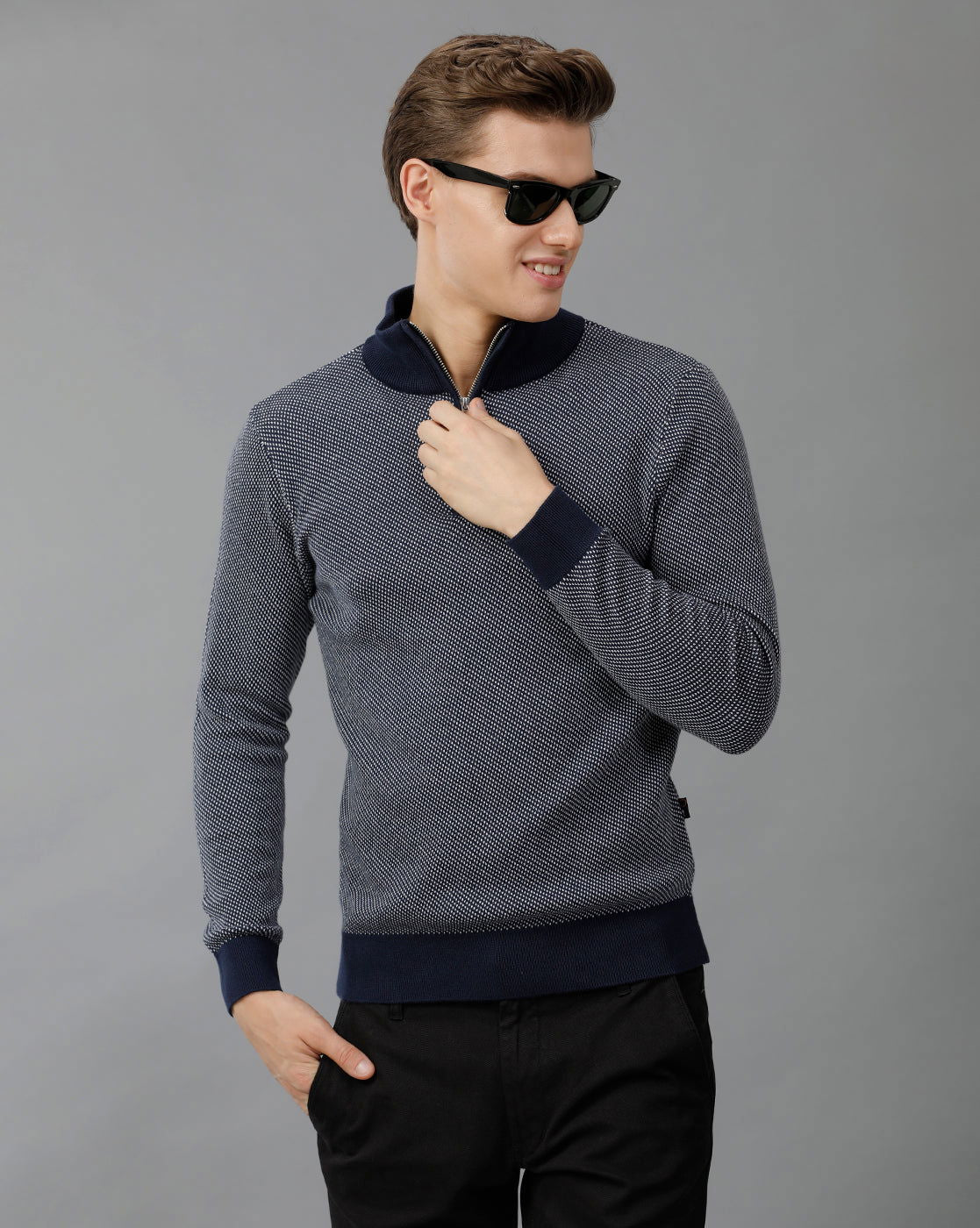 IDENTITI Men Slim Fit High Neck Jacquard Pullover In Navy