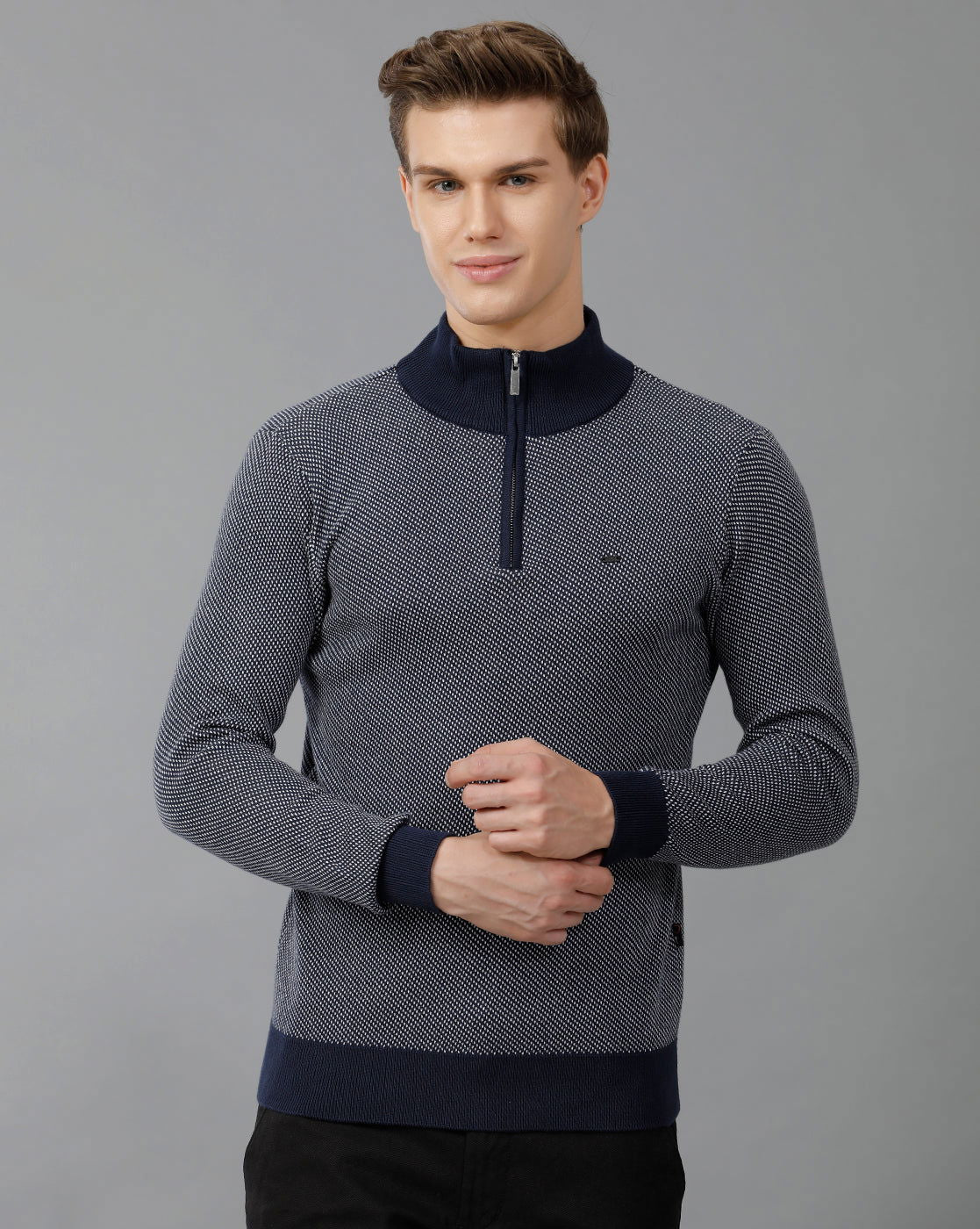 IDENTITI Men Slim Fit High Neck Jacquard Pullover In Navy