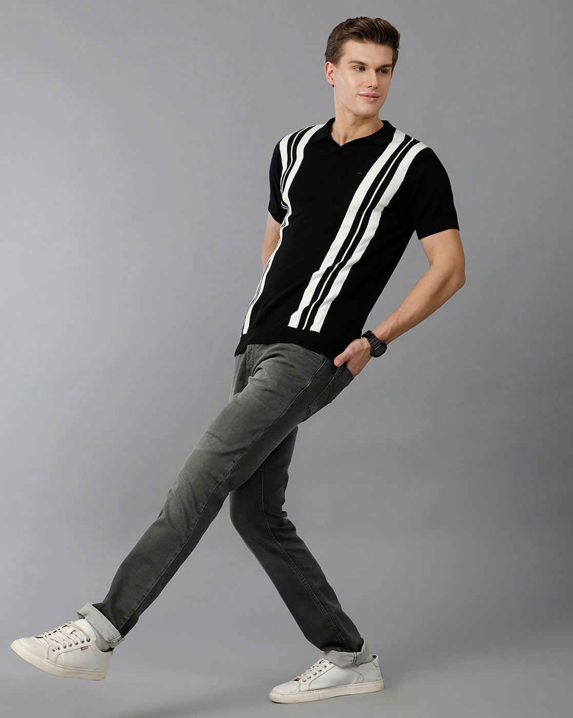 IDENTITI Men Slim Fit Johnny Collar Flat Knit Tee In Black