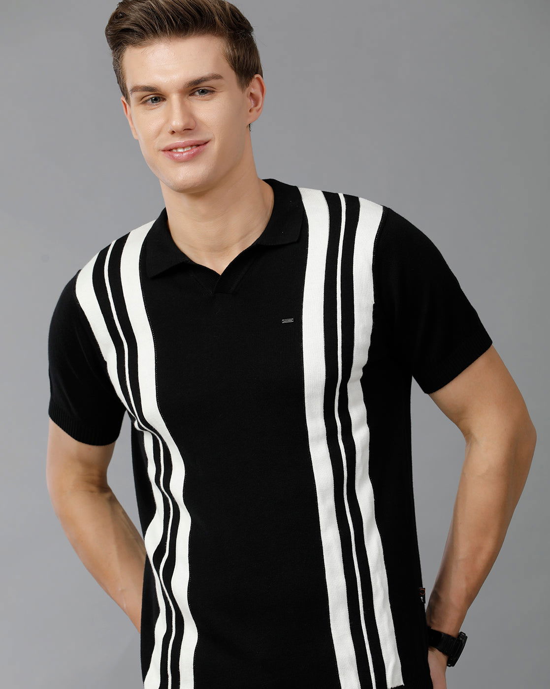 IDENTITI Men Slim Fit Johnny Collar Flat Knit Tee In Black