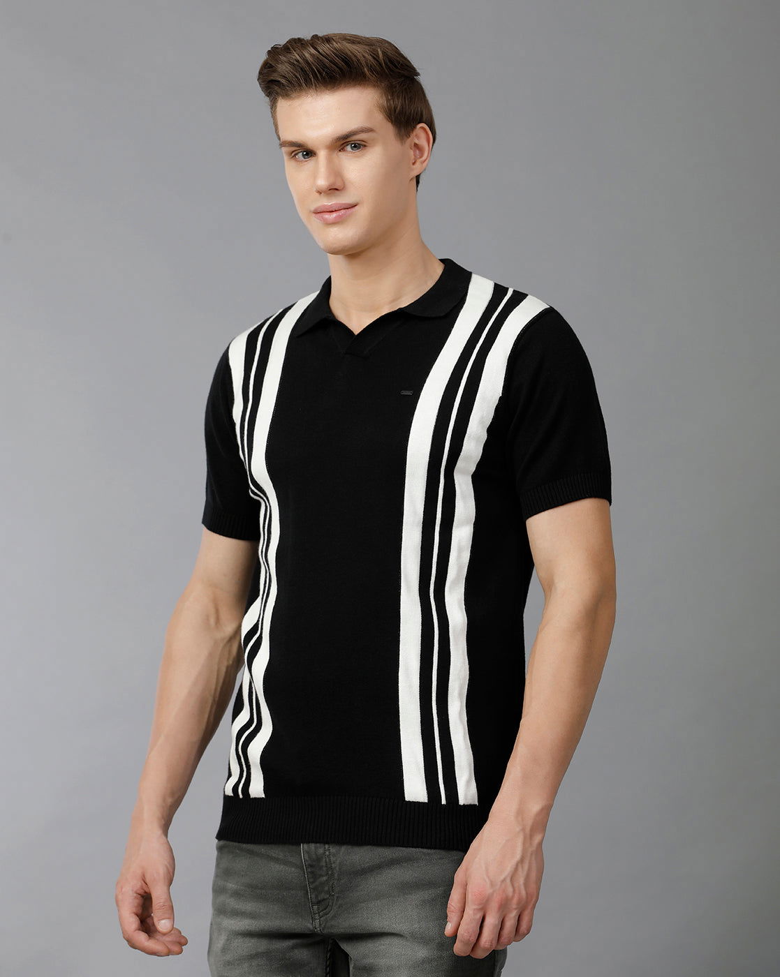 IDENTITI Men Slim Fit Johnny Collar Flat Knit Tee In Black
