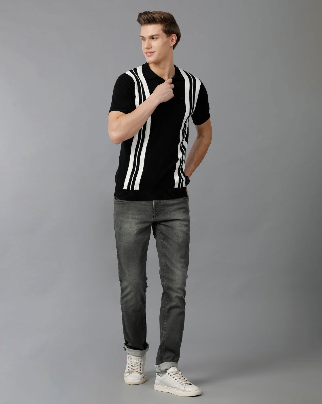IDENTITI Men Slim Fit Johnny Collar Flat Knit Tee In Black