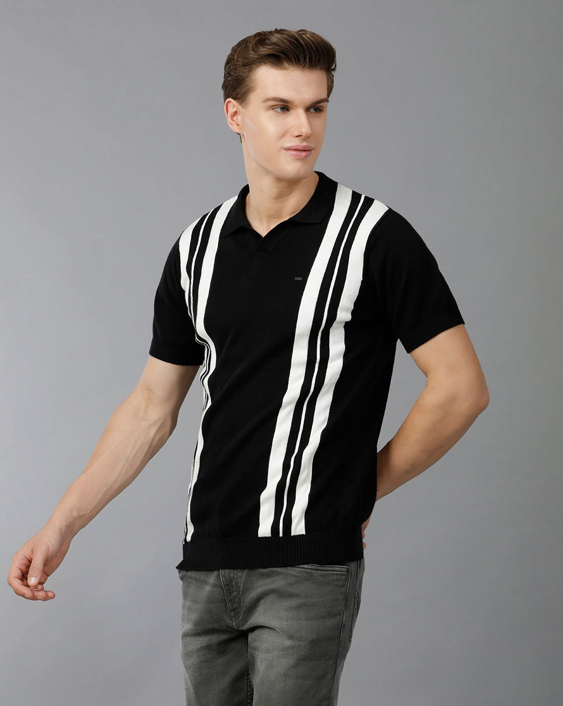 IDENTITI Men Slim Fit Johnny Collar Flat Knit Tee In Black