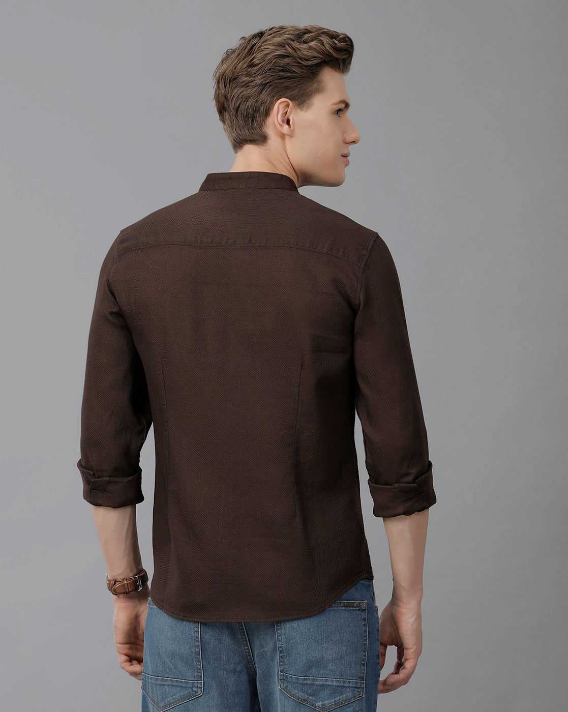 IDENTITI Men Slim Fit Mandarin Collar Solid Shirt In Brown