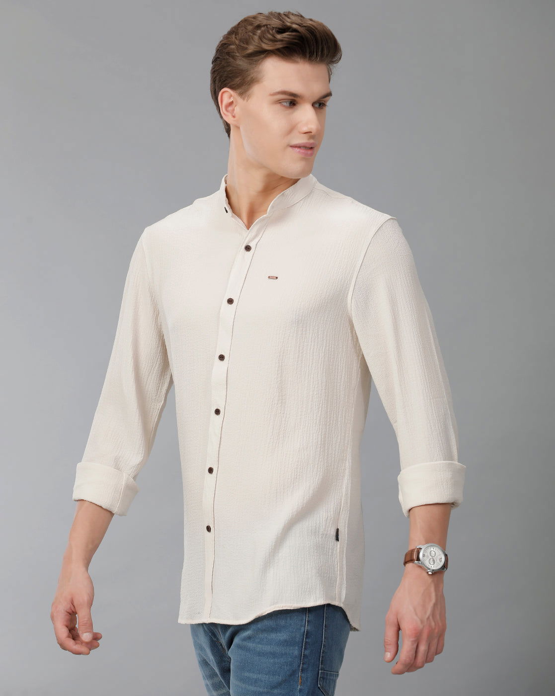 IDENTITI Men Slim Fit Mandarin Collar Solid Shirt In Cream
